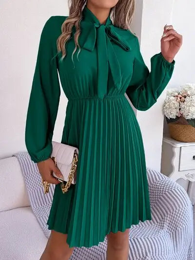 Blue Zone Planet |  Tie Neck Balloon Sleeve Pleated Dress BLUE ZONE PLANET