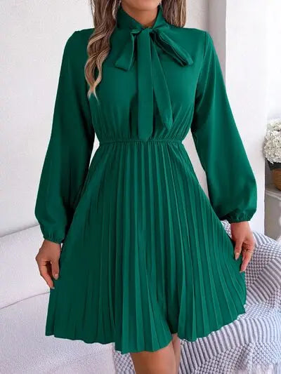 Blue Zone Planet |  Tie Neck Balloon Sleeve Pleated Dress BLUE ZONE PLANET