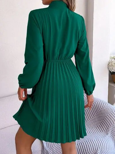 Blue Zone Planet |  Tie Neck Balloon Sleeve Pleated Dress BLUE ZONE PLANET