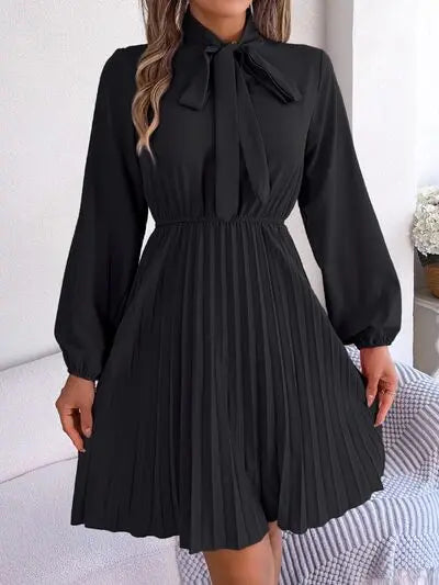 Blue Zone Planet |  Tie Neck Balloon Sleeve Pleated Dress BLUE ZONE PLANET