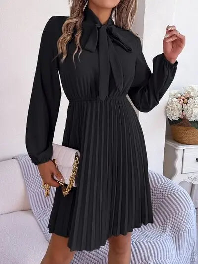 Blue Zone Planet |  Tie Neck Balloon Sleeve Pleated Dress BLUE ZONE PLANET