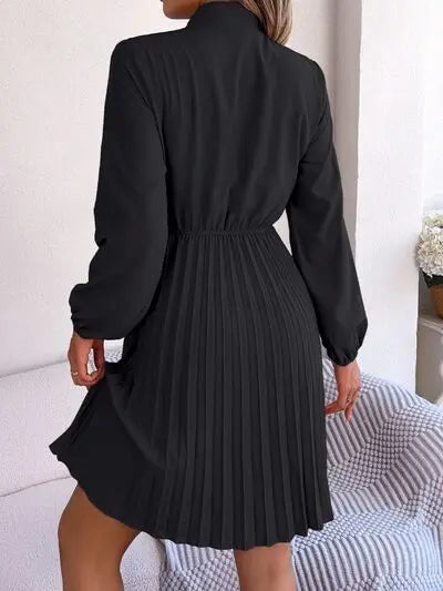 Blue Zone Planet |  Tie Neck Balloon Sleeve Pleated Dress BLUE ZONE PLANET