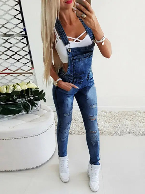 Blue Zone Planet | Tight Overalls Hand-Teared Jeans BLUE ZONE PLANET