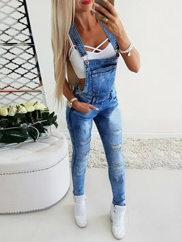 Blue Zone Planet | Tight Overalls Hand-Teared Jeans BLUE ZONE PLANET