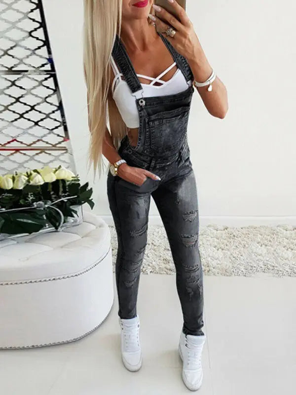 Blue Zone Planet | Tight Overalls Hand-Teared Jeans BLUE ZONE PLANET