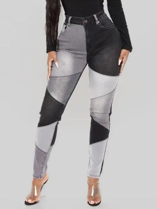 Blue Zone Planet |  Two-color Stitching Street Wash High Waist Skinny Jeans BLUE ZONE PLANET