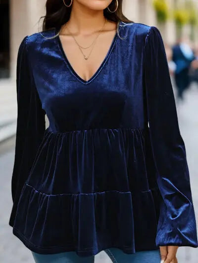 Blue Zone Planet |  V-Neck Balloon Sleeve Peplum Blouse BLUE ZONE PLANET