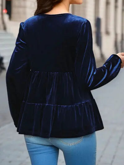 Blue Zone Planet |  V-Neck Balloon Sleeve Peplum Blouse BLUE ZONE PLANET