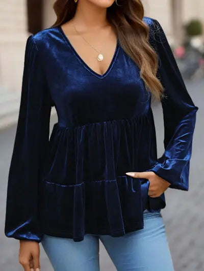 Blue Zone Planet |  V-Neck Balloon Sleeve Peplum Blouse BLUE ZONE PLANET