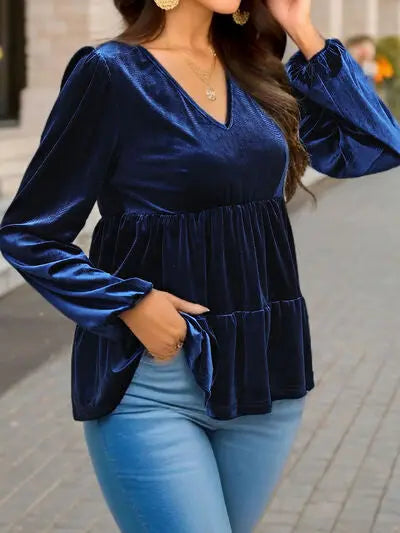 Blue Zone Planet |  V-Neck Balloon Sleeve Peplum Blouse BLUE ZONE PLANET