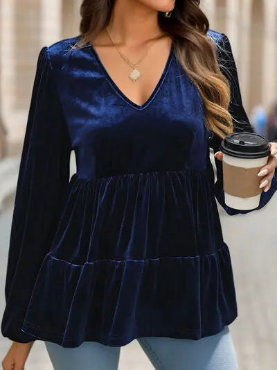 Blue Zone Planet |  V-Neck Balloon Sleeve Peplum Blouse BLUE ZONE PLANET
