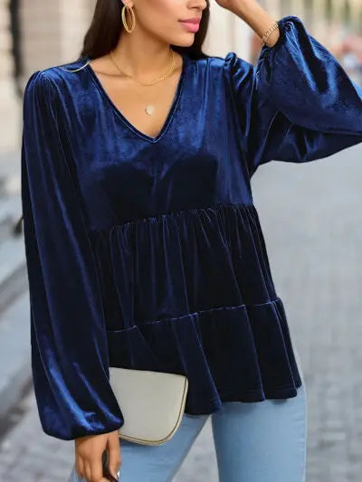 Blue Zone Planet |  V-Neck Balloon Sleeve Peplum Blouse BLUE ZONE PLANET