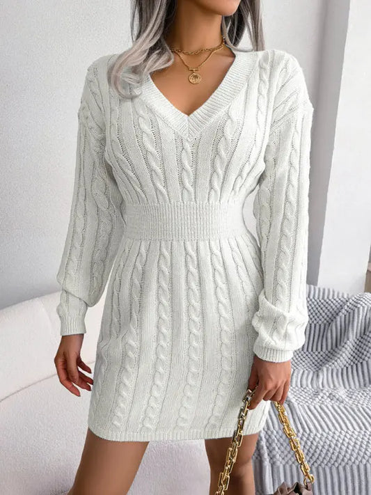 Blue Zone Planet |  V-Neck Long Sleeved Cable Knit Bodycon Mini Dress BLUE ZONE PLANET