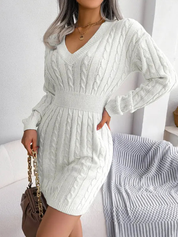 Blue Zone Planet |  V-Neck Long Sleeved Cable Knit Bodycon Mini Dress BLUE ZONE PLANET