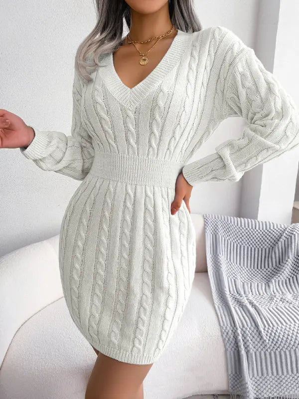 Blue Zone Planet |  V-Neck Long Sleeved Cable Knit Bodycon Mini Dress BLUE ZONE PLANET