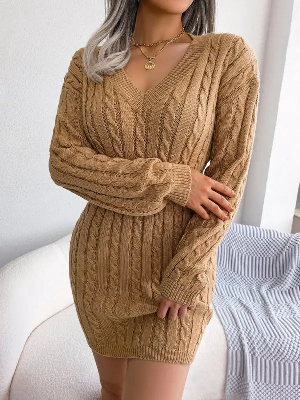 Blue Zone Planet |  V-Neck Long Sleeved Cable Knit Bodycon Mini Dress BLUE ZONE PLANET