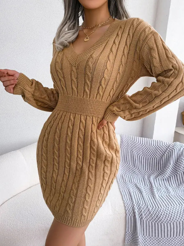 Blue Zone Planet |  V-Neck Long Sleeved Cable Knit Bodycon Mini Dress BLUE ZONE PLANET