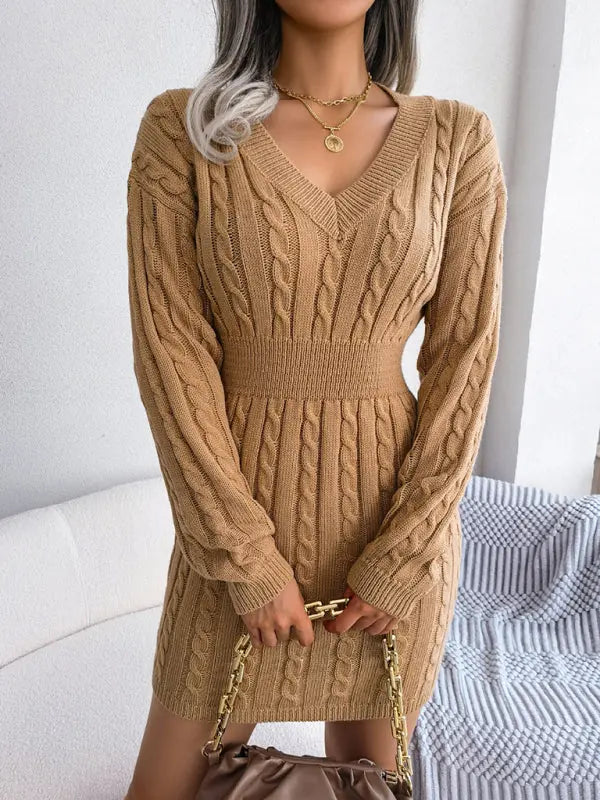 Blue Zone Planet |  V-Neck Long Sleeved Cable Knit Bodycon Mini Dress BLUE ZONE PLANET