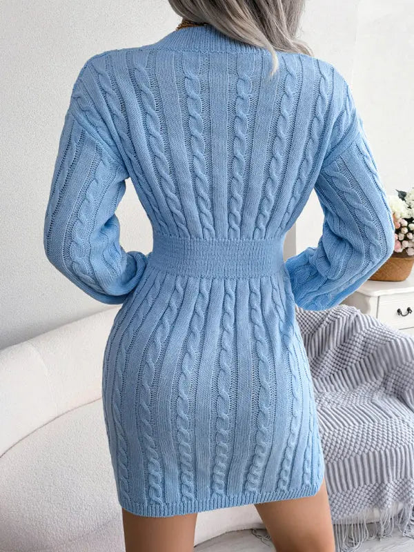 Blue Zone Planet |  V-Neck Long Sleeved Cable Knit Bodycon Mini Dress BLUE ZONE PLANET
