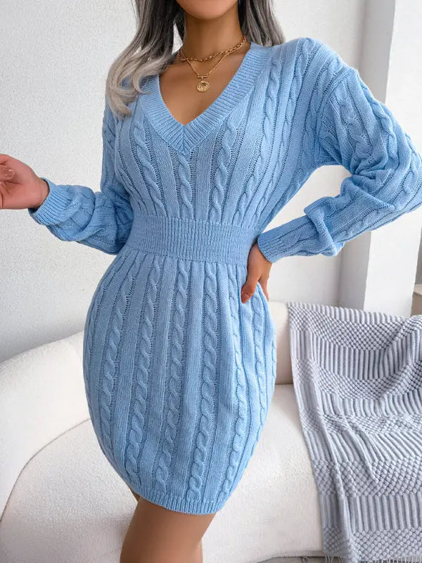 Blue Zone Planet |  V-Neck Long Sleeved Cable Knit Bodycon Mini Dress BLUE ZONE PLANET