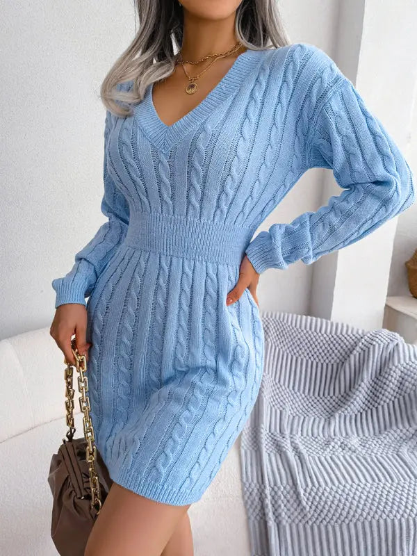 Blue Zone Planet |  V-Neck Long Sleeved Cable Knit Bodycon Mini Dress BLUE ZONE PLANET