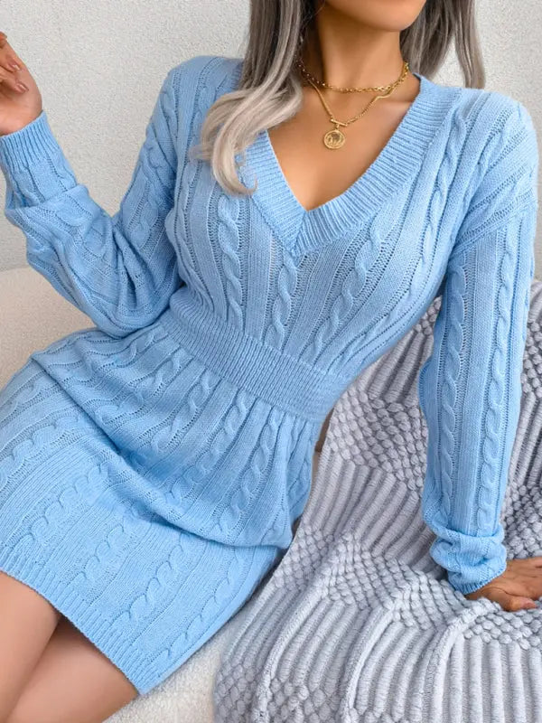 Blue Zone Planet |  V-Neck Long Sleeved Cable Knit Bodycon Mini Dress BLUE ZONE PLANET