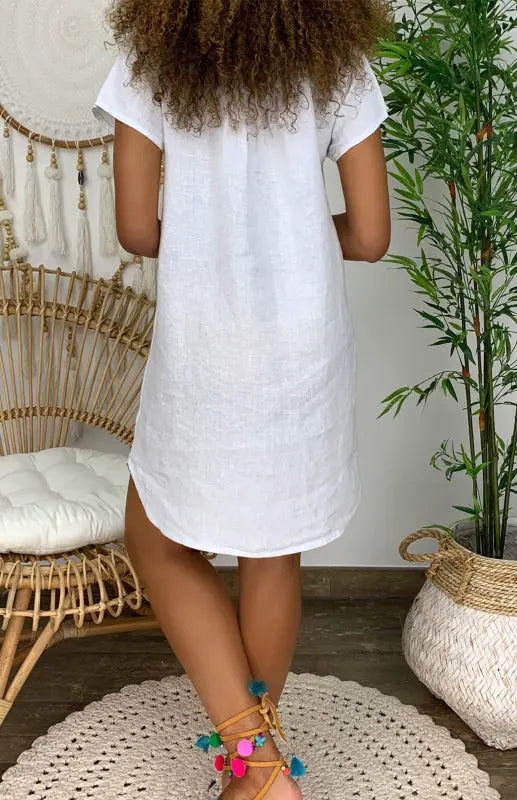 Blue Zone Planet |  V-Neck Rolled Short Sleeve Gathered Curved Linen Dress kakaclo