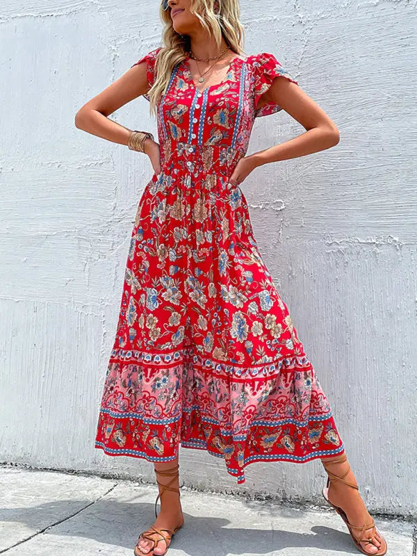 Blue Zone Planet |  V-Neck boho ethnic style printed slit midi dress BLUE ZONE PLANET
