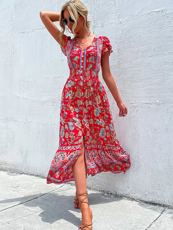 Blue Zone Planet |  V-Neck boho ethnic style printed slit midi dress BLUE ZONE PLANET