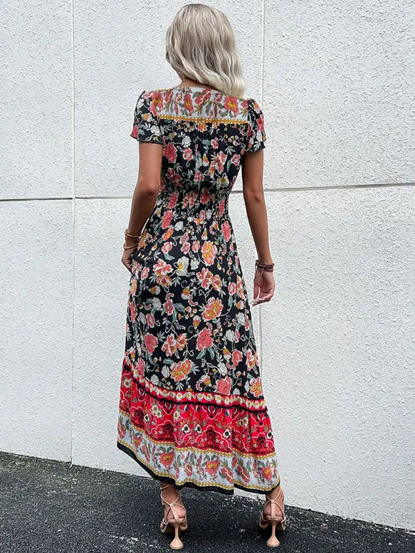 Blue Zone Planet |  V-Neck boho ethnic style printed slit midi dress BLUE ZONE PLANET