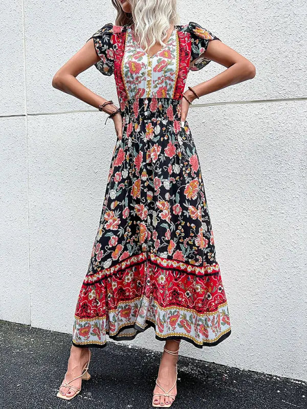 Blue Zone Planet |  V-Neck boho ethnic style printed slit midi dress BLUE ZONE PLANET