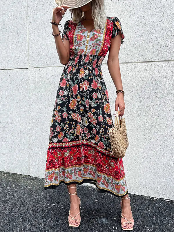 Blue Zone Planet |  V-Neck boho ethnic style printed slit midi dress BLUE ZONE PLANET