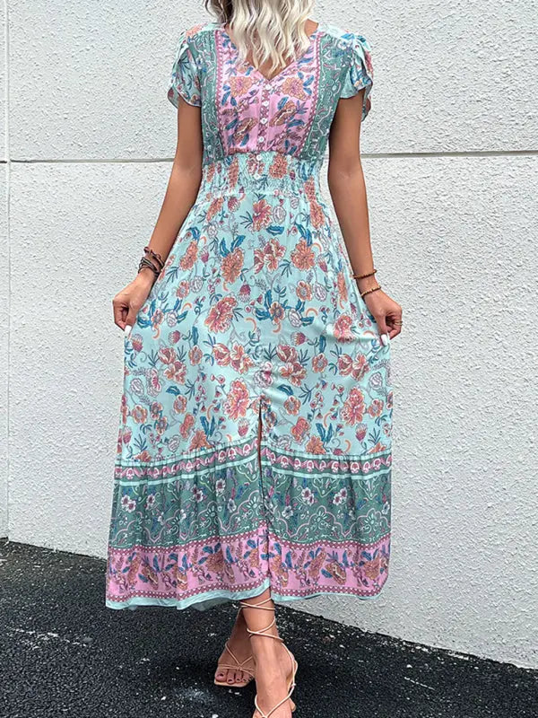 Blue Zone Planet |  V-Neck boho ethnic style printed slit midi dress BLUE ZONE PLANET
