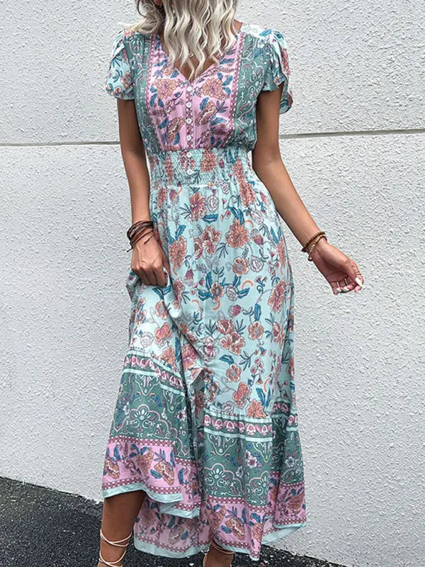 Blue Zone Planet |  V-Neck boho ethnic style printed slit midi dress BLUE ZONE PLANET