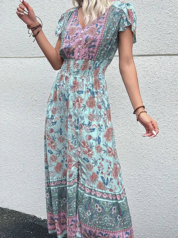 Blue Zone Planet |  V-Neck boho ethnic style printed slit midi dress BLUE ZONE PLANET