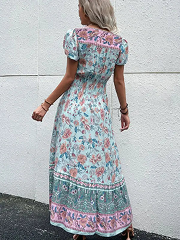 Blue Zone Planet |  V-Neck boho ethnic style printed slit midi dress BLUE ZONE PLANET