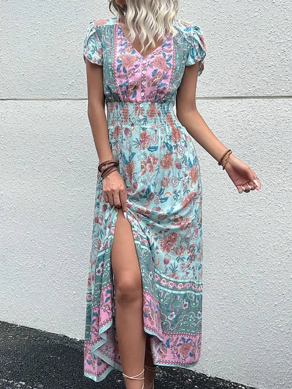 Blue Zone Planet |  V-Neck boho ethnic style printed slit midi dress BLUE ZONE PLANET