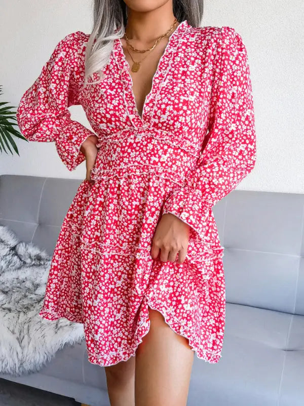Blue Zone Planet |  V-neck flower wood ear Long Sleeve Chiffon Dress BLUE ZONE PLANET