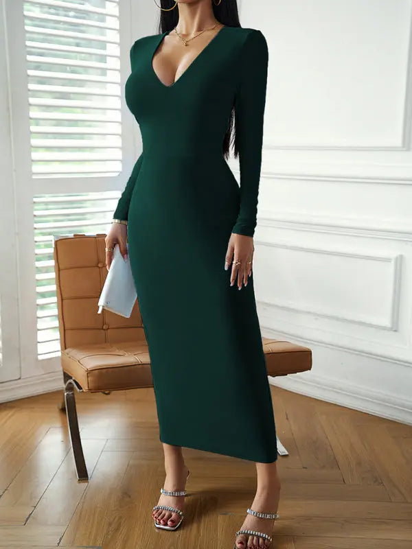 Blue Zone Planet |  V-neck hip-hugging long-sleeved dress BLUE ZONE PLANET