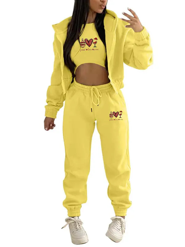Blue Zone Planet |  Valentine's Day Christmas love wine glass printed hooded sports and leisure suit (three-piece set) BLUE ZONE PLANET