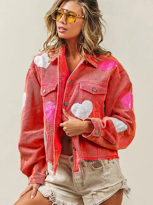 Blue Zone Planet |  Valentine's Day Love Sequin Raw Edge Corduroy Short Jacket BLUE ZONE PLANET
