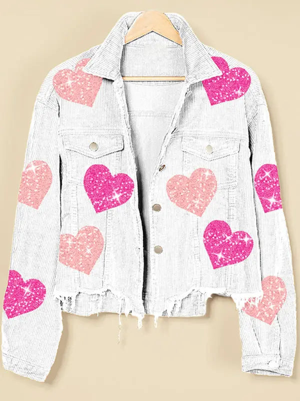 Blue Zone Planet |  Valentine's Day Love Sequin Raw Edge Corduroy Short Jacket BLUE ZONE PLANET