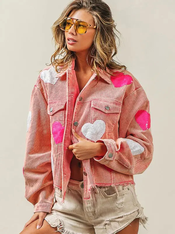 Blue Zone Planet |  Valentine's Day Love Sequin Raw Edge Corduroy Short Jacket BLUE ZONE PLANET