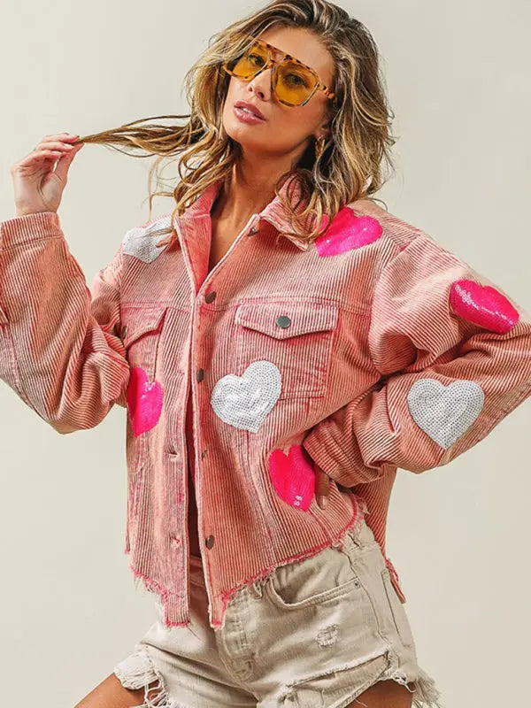 Blue Zone Planet |  Valentine's Day Love Sequin Raw Edge Corduroy Short Jacket BLUE ZONE PLANET