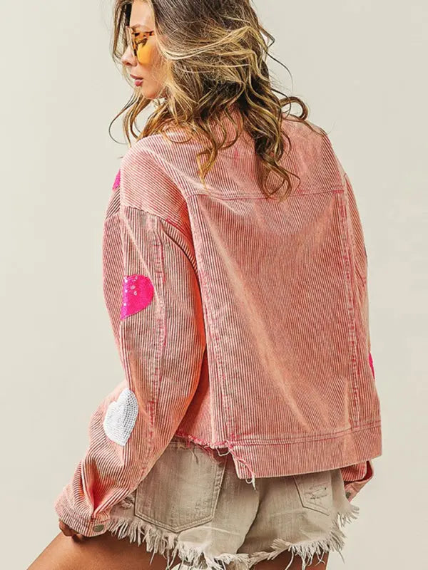 Blue Zone Planet |  Valentine's Day Love Sequin Raw Edge Corduroy Short Jacket BLUE ZONE PLANET