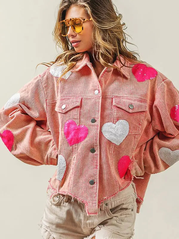 Blue Zone Planet |  Valentine's Day Love Sequin Raw Edge Corduroy Short Jacket BLUE ZONE PLANET