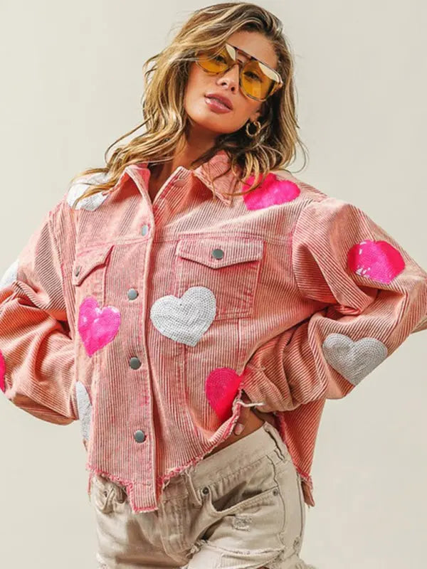 Blue Zone Planet |  Valentine's Day Love Sequin Raw Edge Corduroy Short Jacket BLUE ZONE PLANET