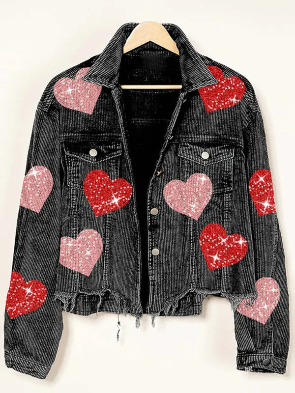Blue Zone Planet |  Valentine's Day Love Sequin Raw Edge Corduroy Short Jacket BLUE ZONE PLANET