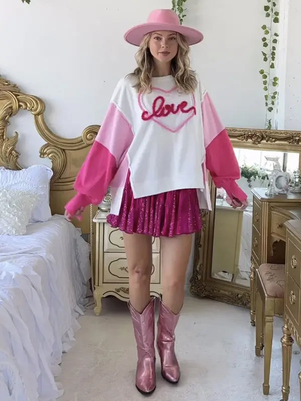 Blue Zone Planet |  Valentine's Day Sweet Embroidered Long Sleeve Sweatshirt BLUE ZONE PLANET