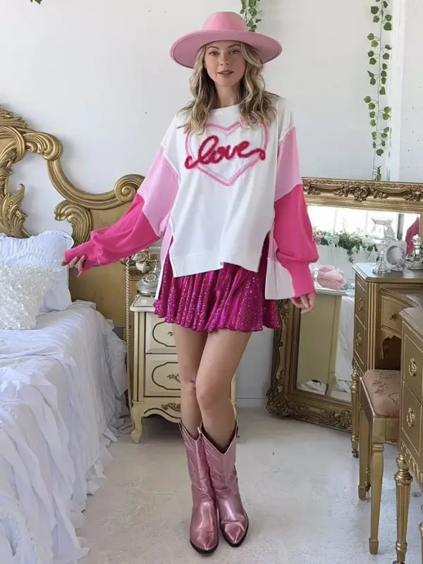 Blue Zone Planet |  Valentine's Day Sweet Embroidered Long Sleeve Sweatshirt BLUE ZONE PLANET